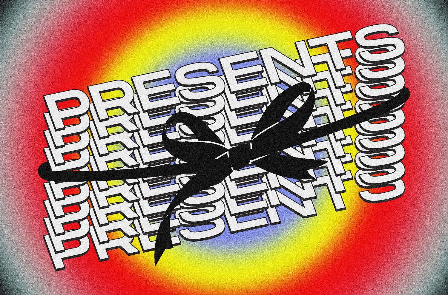 The word “Presents” is written multiple times in white, with a big black bow wrapped around it. The background is a radiant, rainbow-like gradient.