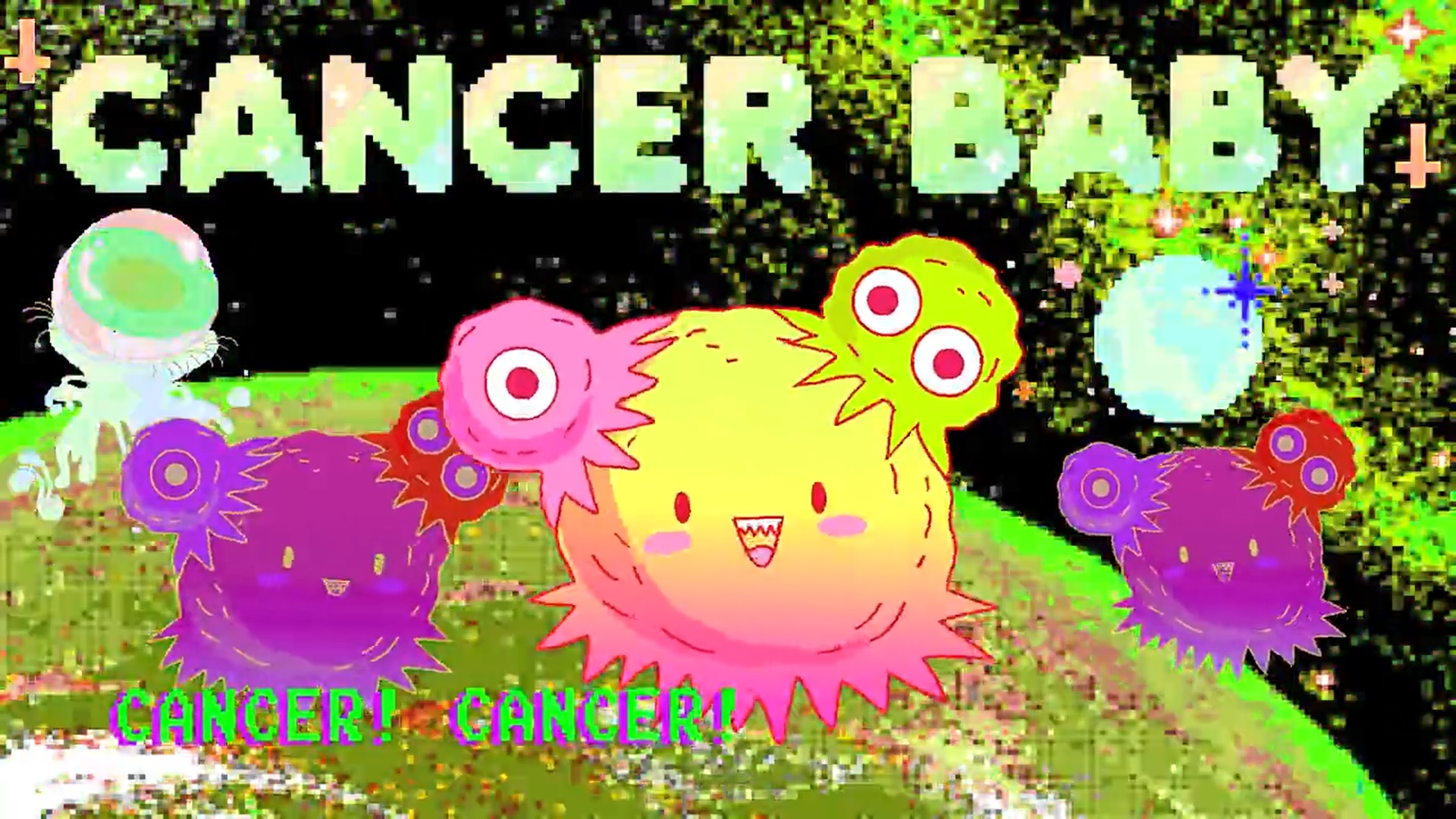 A brightly coloured videogame graphic of imagined cancer cells - 3 cells smile out at the viewer, 2 smaller on the left and right flanks of a central pink, yellow and green cell, the 2 on the outisde are purple. They look a little like fat octopuses. They are on a green globe. Above in pale acid green in bubble capital letters it says 'cancer baby'.