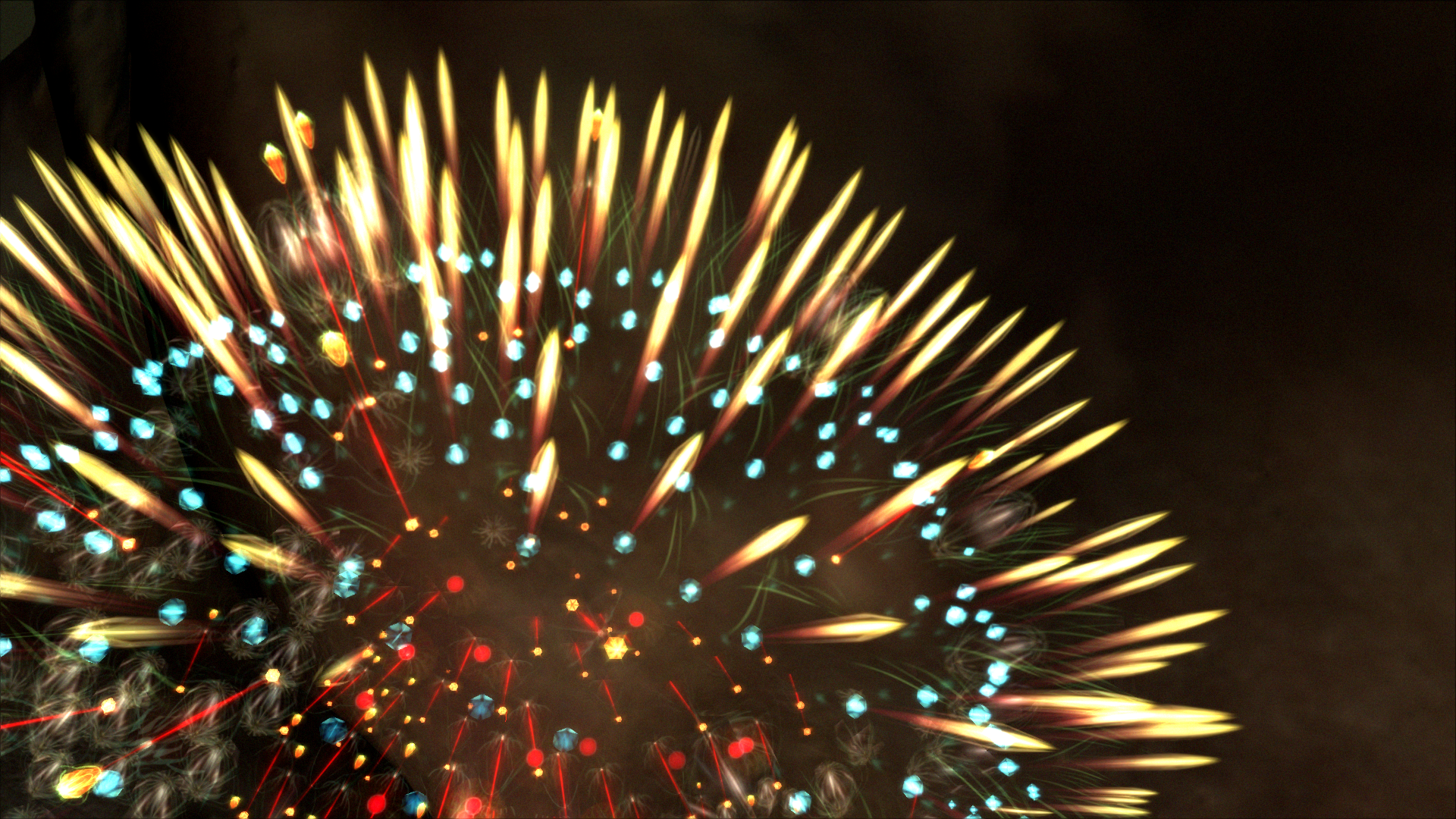 A close up photo of a dome-like blob which is glowing with pricks of colourful light, glowing like citylights in the night. Electric blue and bright red dots cover the blob's surface, and flame-like spines grown from the surface, which are bright yellow, white and red at the base.