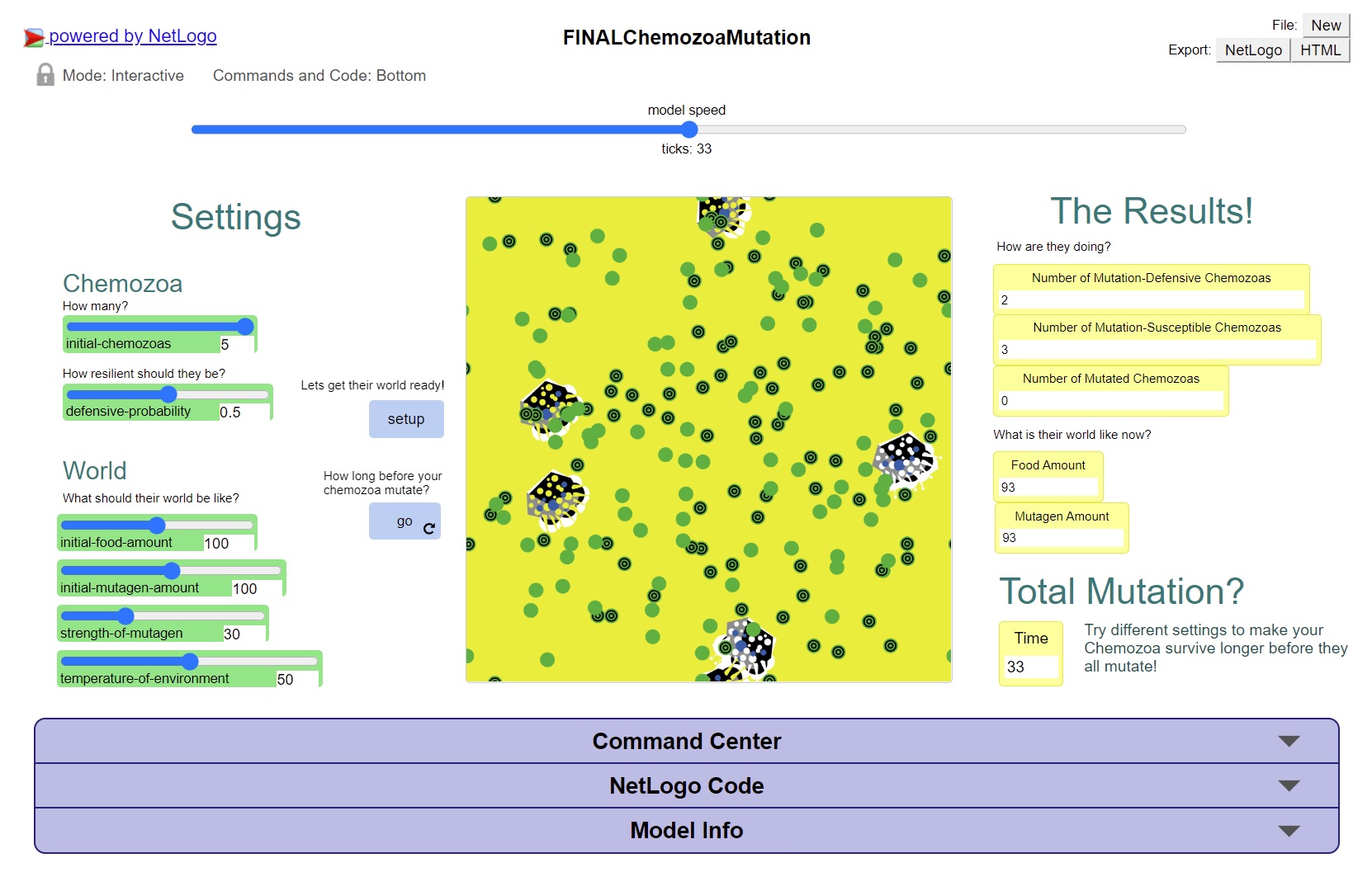 A scientific panel with green and yellow sections, with options to change the environment of Chemozoa. In the centre is a picture of the Chemozoa model in yellow and green.