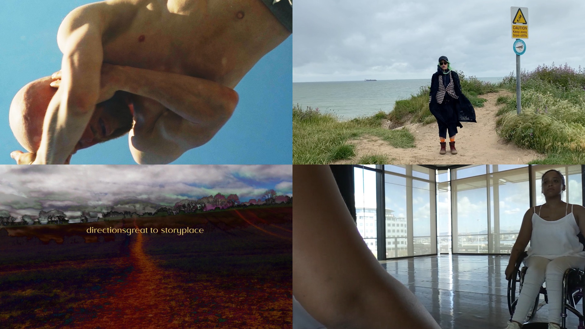 Image represents four artists work, top left: a still image from Siphenathi Mayekiso’s film Echoes of Identity, which shows a man with bare chest and arms across his face against a blue sky; top right: a still image from Rebekah Ubuntu’s film Ecologies of Belonging (a Meditation in Progress), which shows a person standing in the centre of a sandy footpath with long grass either side, in the distance to the left if the sea and clouds in the sky; bottom right: a still image from Nadine Mckenzie’s film A Will, My Wheels and a Way, which shows a young woman sat in a wheelchair reflected in a mirror, a wall of windows shows buildings and blue sky outside; bottom left picture: a dirt track footpath leads into the distance through a field, the ground is a deep red, making the grass on the sides of the path almost black in colour, trees can be seen on the horizon in the distance with clouds and a little blue sky above.