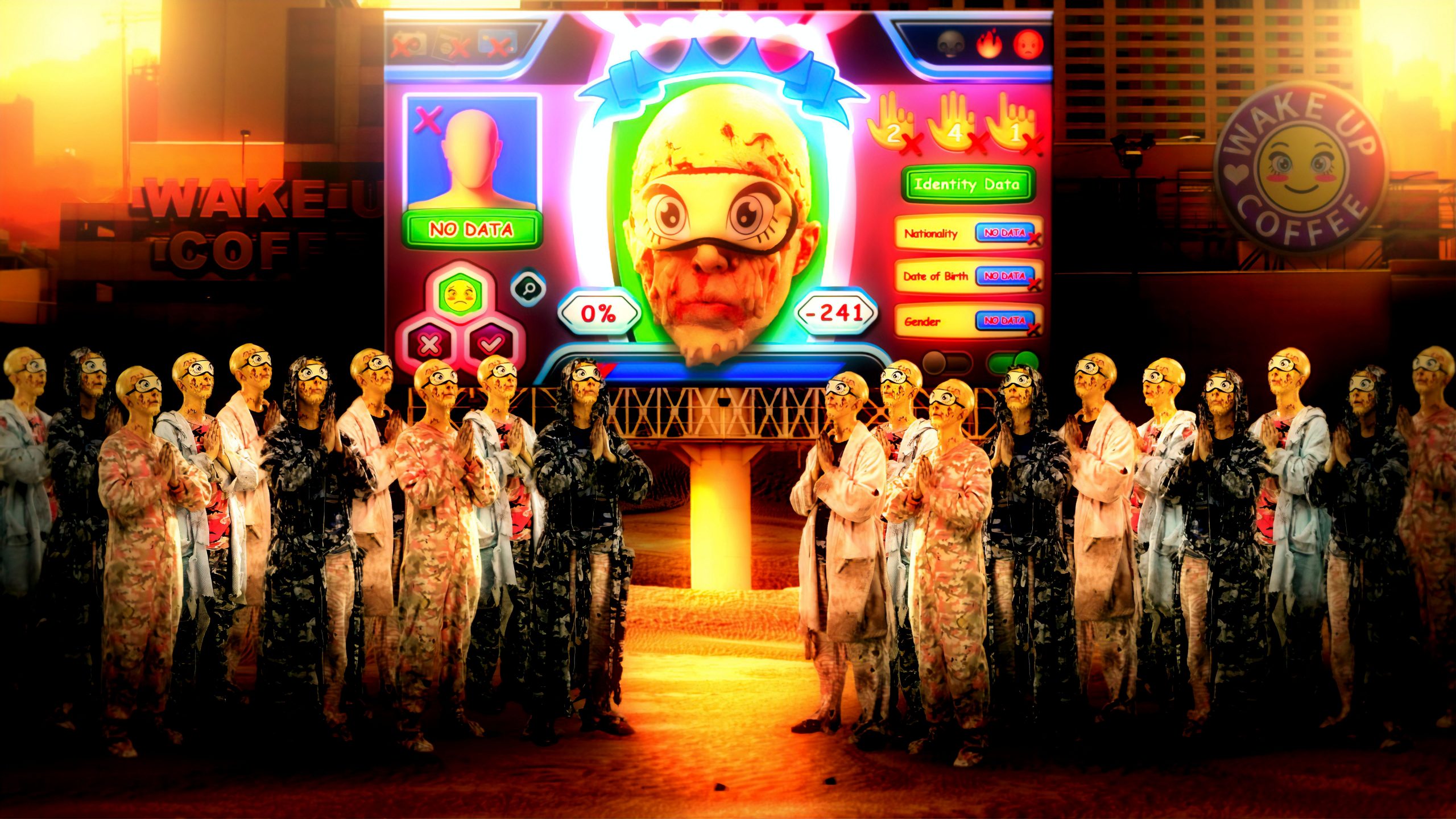 A bright yellow head with eye mask looks down upon a group of loving worshippers