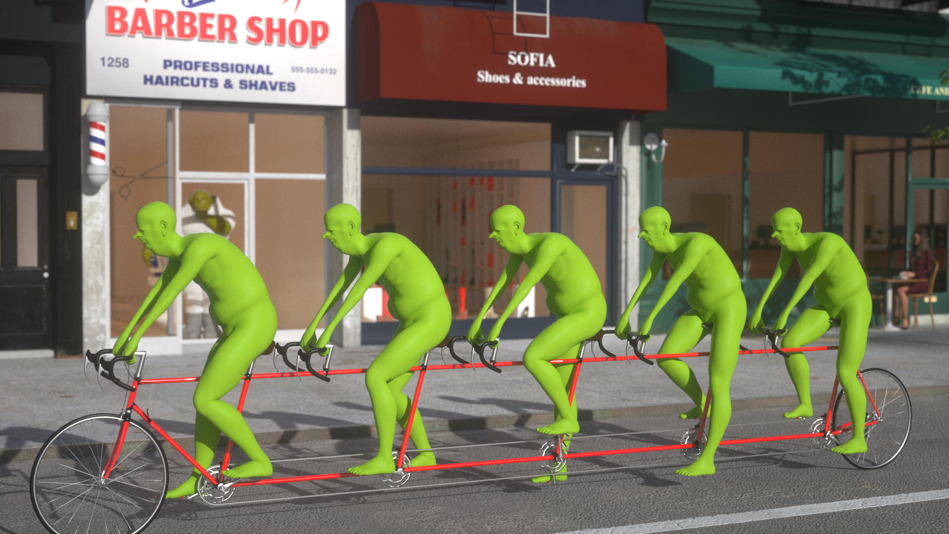 A still from an animation shows 5 bright green bald cyclists riding a red five seater bicycle along a street.