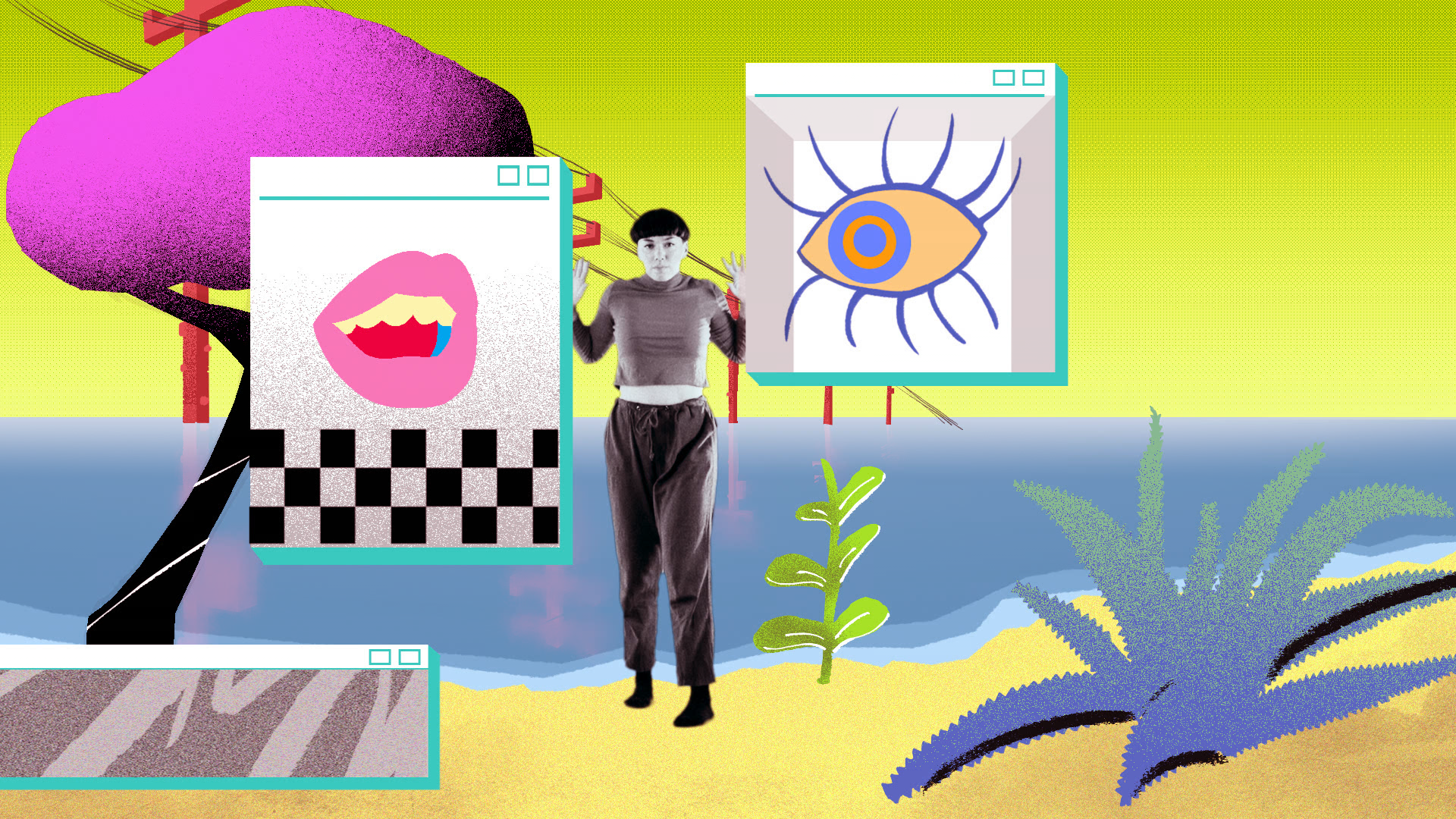 Still from an animation shows a woman in black and white standing in a brightly coloured environment including a puffy pink tree, lime green sky, yellow sandy beach and blue sea. Two floating white appliances have images on, one with pink lips and one with a yellow, blue and pink eye with long lashes.