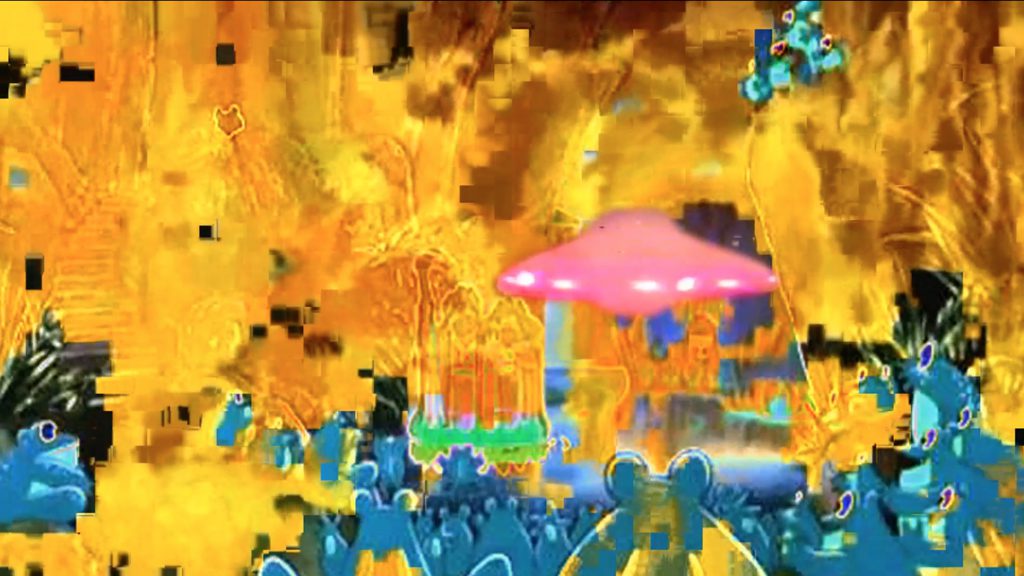A still image from an animation shows a bright pink UFO hovers on a glitchy, digital yellow background watched by blue frogs.