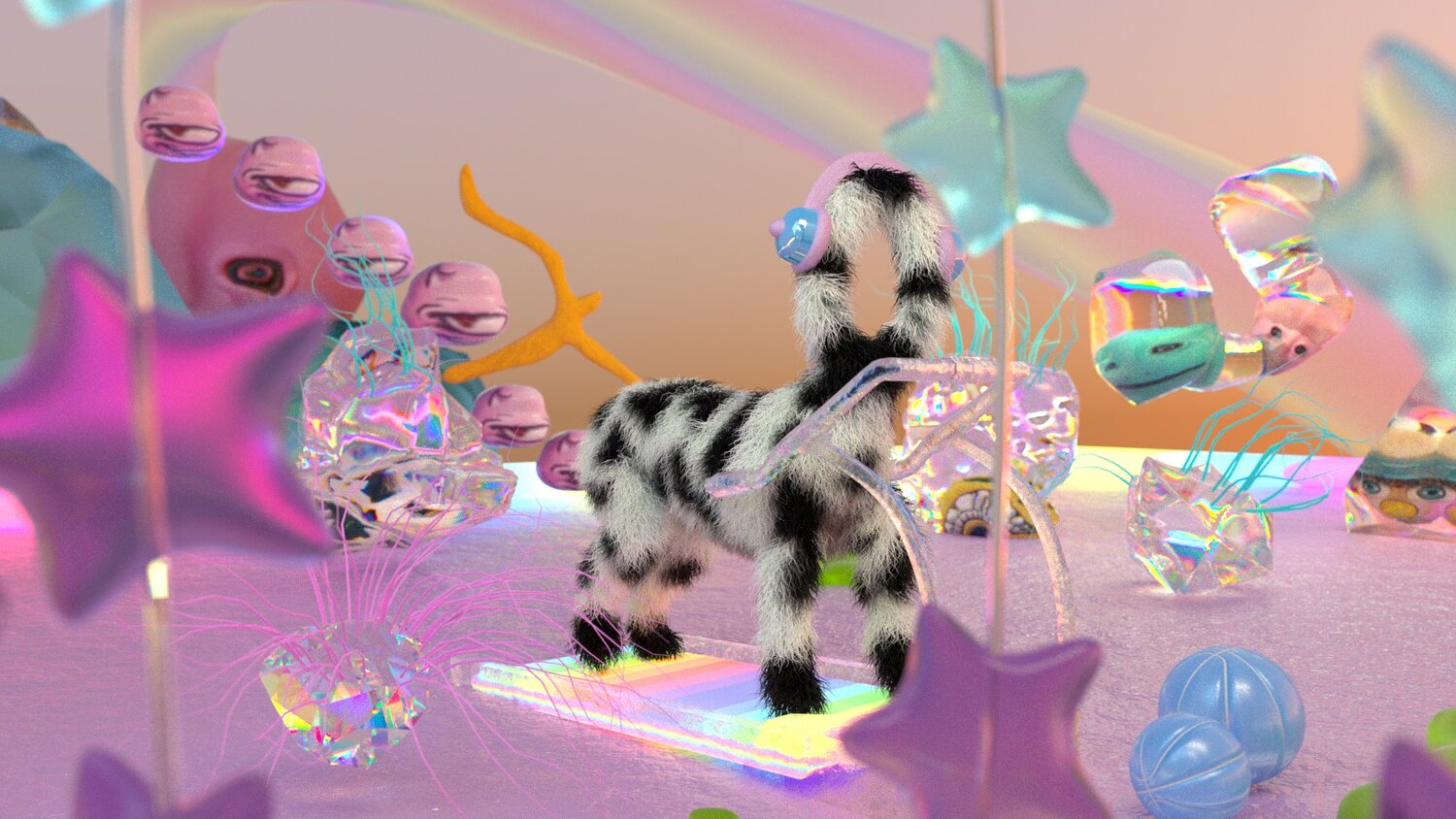 A still from a digital animation shows a black and white spotted fourlegged furry animal with a loop of fur for a head. The animal is in a brightly coloured pink and greeen environment with stars and rainbows.