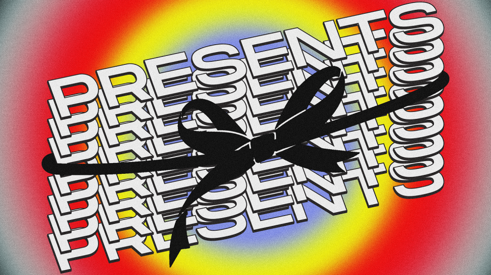 The word “Presents” is written multiple times in white, with a big black bow wrapped around it. The background is a radiant, rainbow-like gradient.