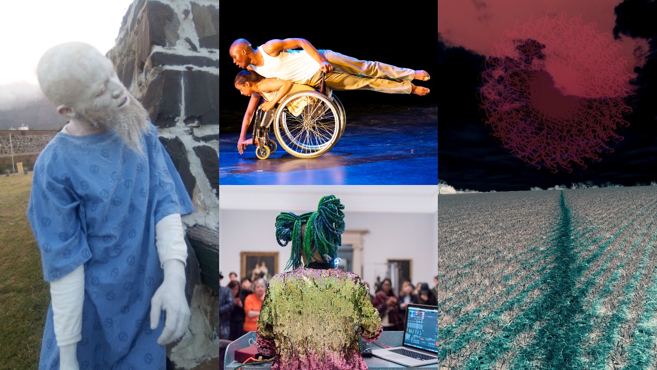 Five images by resident artists form a composite - on the far left, a man painted grey with a beard wears a blue smock. Top centre a man glides horizontally above a woman sat leaning forward in a wheelchair in a dance pose. On the top right a deepinkish red swirl of absract light blends iwht black background. Bottom right a ploughed field has small plants growing in rows, path of green plants runs through the centre. Bottom centre a person with bunched up green hair and rainbow sparkly jacket stands before an audience in a gallery, a laptop open next to them.