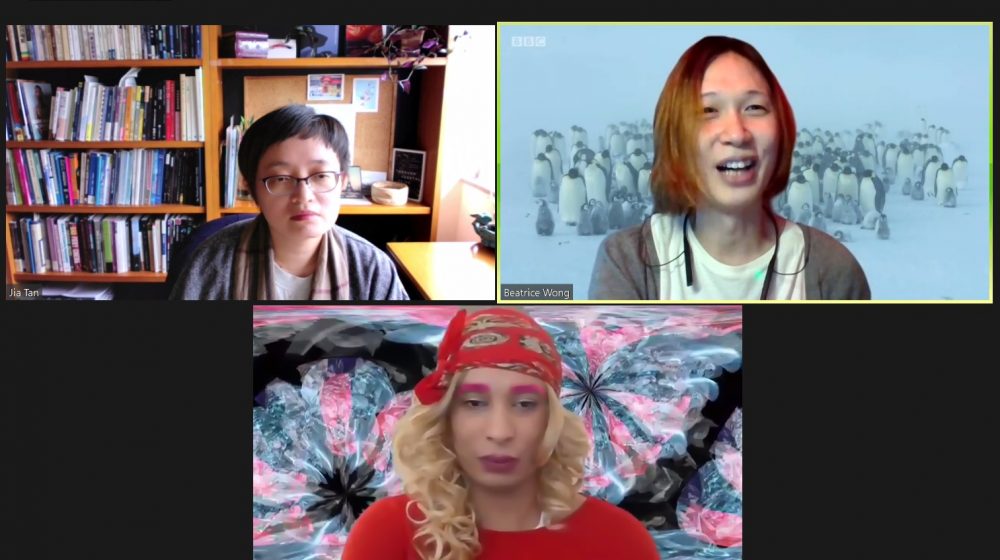 3 frames from Zoom webinar including speakers Jia Tan, Beatrice Wong and Danielle Braithwaite-Shirley