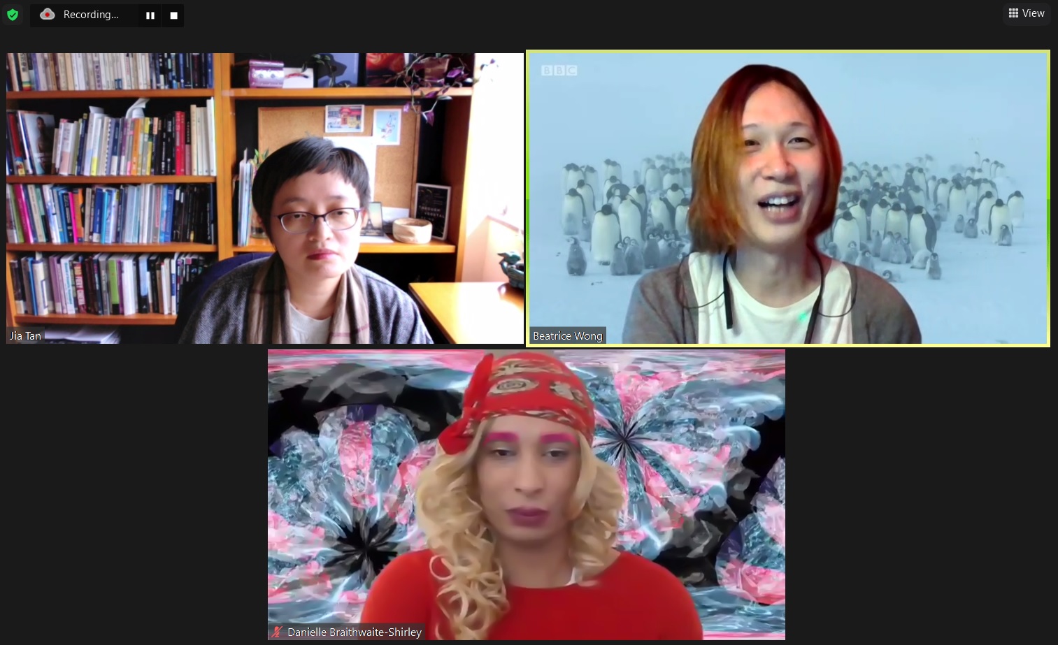3 frames from Zoom webinar including speakers Jia Tan, Beatrice Wong and Danielle Braithwaite-Shirley