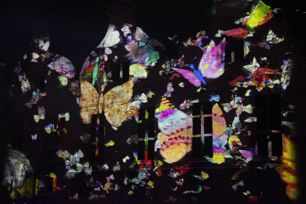 Colourful projections of butterflies and flowers light up the facade of a building at night.