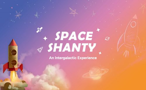 A brightly coloured background in pastel shades of blue, pink and yellow stes the scene for the words Space Shanty with a red and brown ricket made of cardboard blasting off besides this.