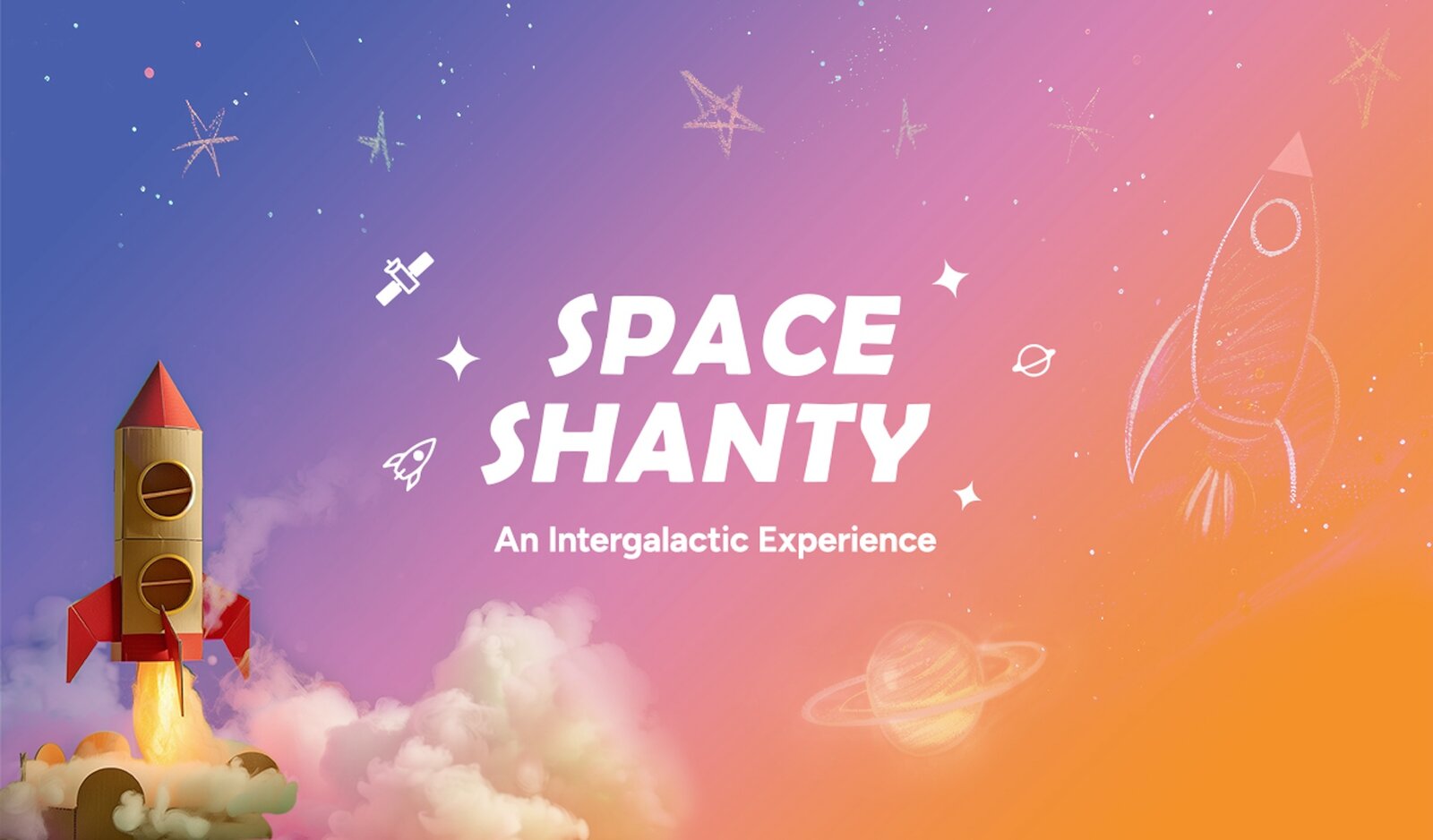 A brightly coloured background in pastel shades of blue, pink and yellow stes the scene for the words Space Shanty with a red and brown ricket made of cardboard blasting off besides this.