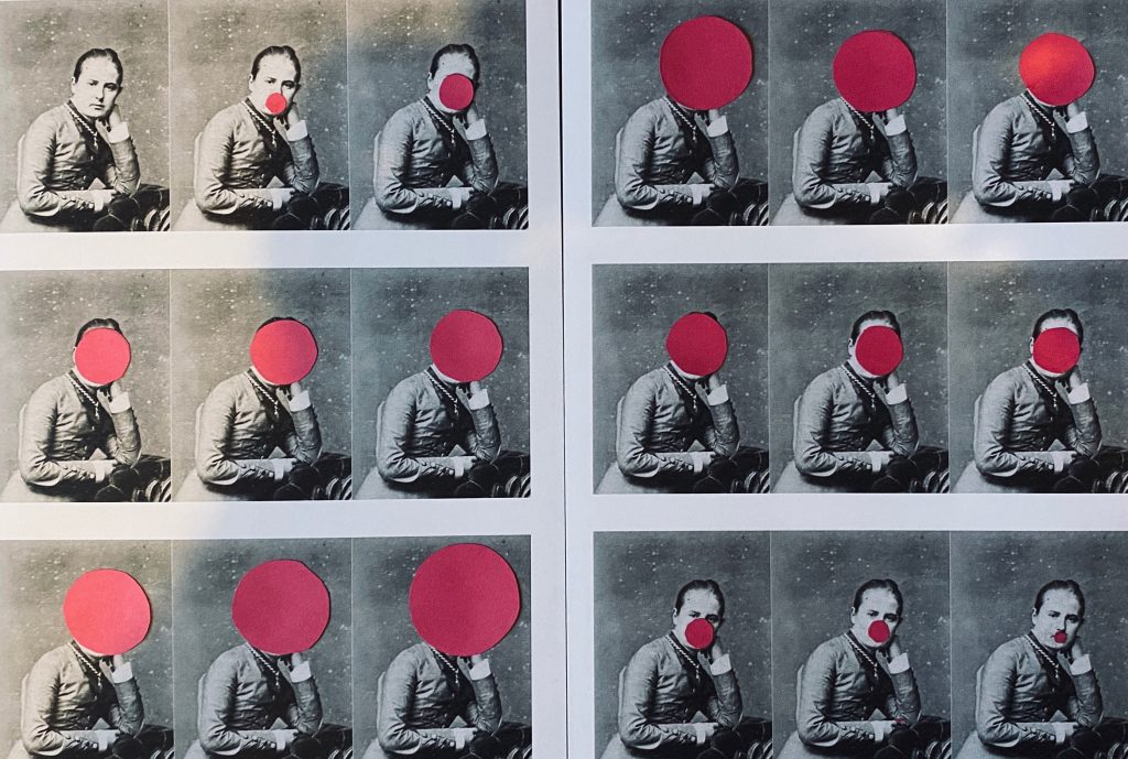 18 frames from a black and white archive film show a woman in Edwardian clothes sat down. A pink circle covers her mouth and with each frame it grows to cover her whole head then shrinks again.