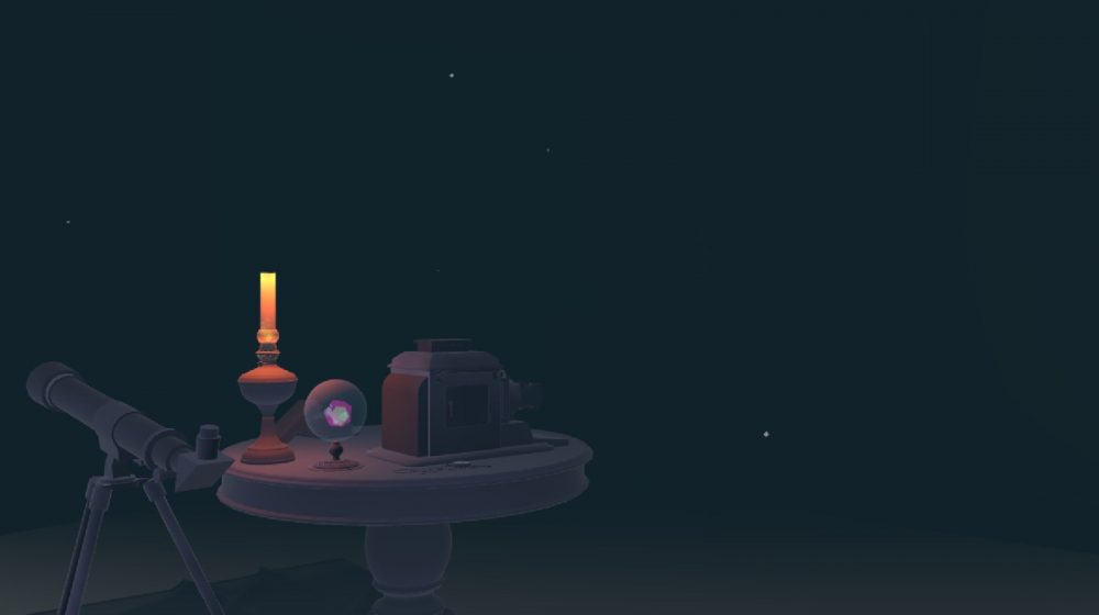 A softly lit, dreamlike scene showing a small round table in a dark, star-speckled space, holding a lit candle, a crystal ball, and a vintage camera, with a telescope positioned beside the table, suggesting quiet observation and contemplation.