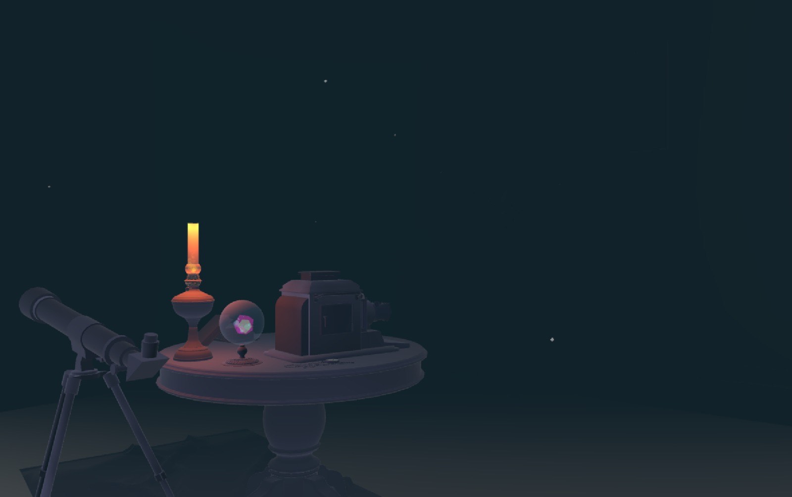 A softly lit, dreamlike scene showing a small round table in a dark, star-speckled space, holding a lit candle, a crystal ball, and a vintage camera, with a telescope positioned beside the table, suggesting quiet observation and contemplation.