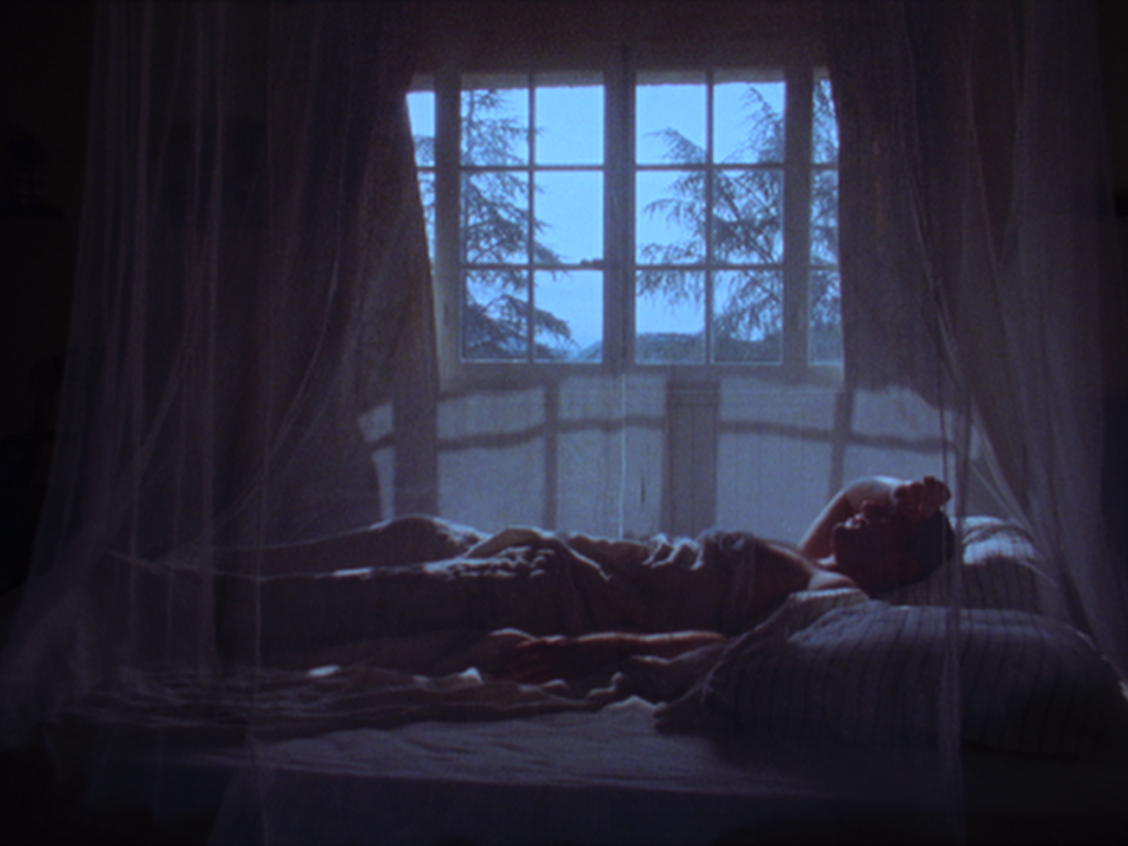 In a dimly lit bedroom, a person lies on a bed beneath a translucent mosquito net canopy. Blue moonlight enters through a large-paned window behind them, casting soft shadows across the room. Silhouettes of trees are visible outside, while the figure rests with one arm bent behind their head, creating a quiet, contemplative atmosphere. The image has a dreamlike, cinematic quality, with deep blues and soft focus enhancing the sense of solitude and reflection.